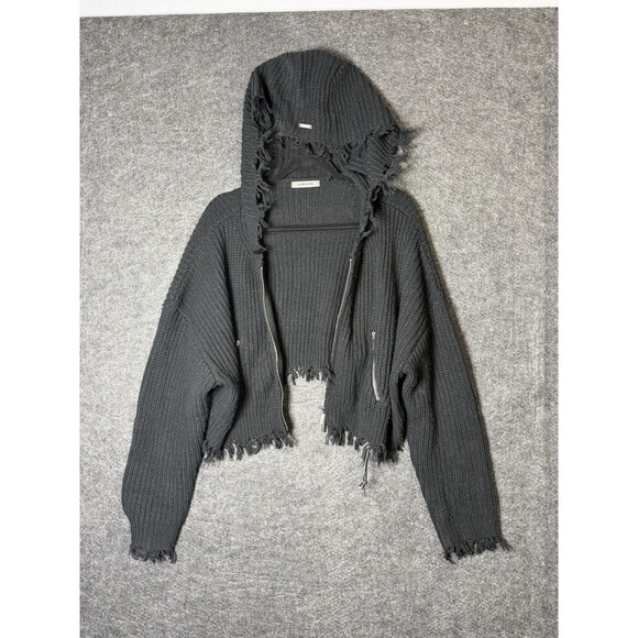 Manière De Voir Black Distressed Knit Zip Up Hoodie Cardigan Size M Streetwear - Picture 8 of 8